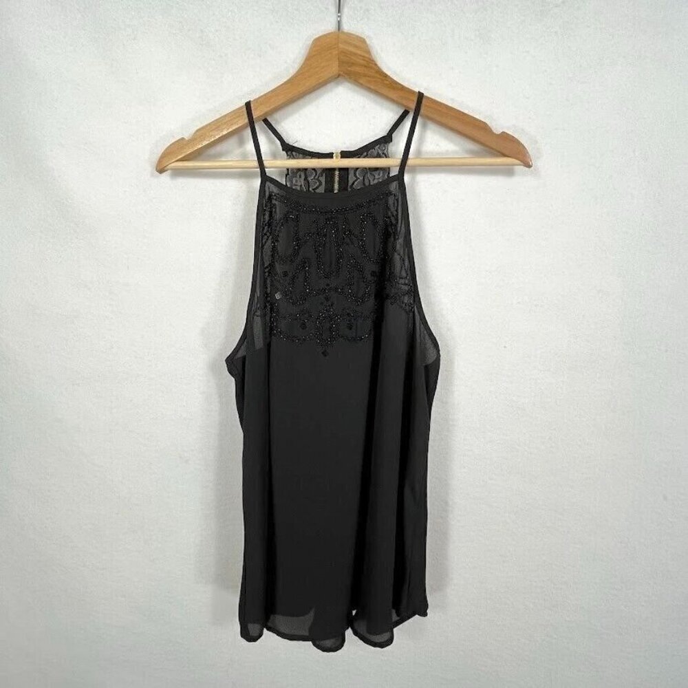 Maurices Black Sheer Beaded And Lace Back Zip Sleeveless Blouse Size Med
